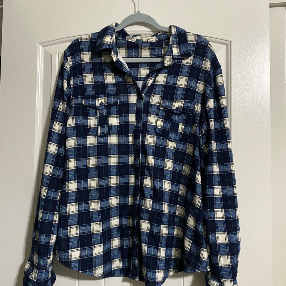 Blue and White Plaid Button-Up Shirt